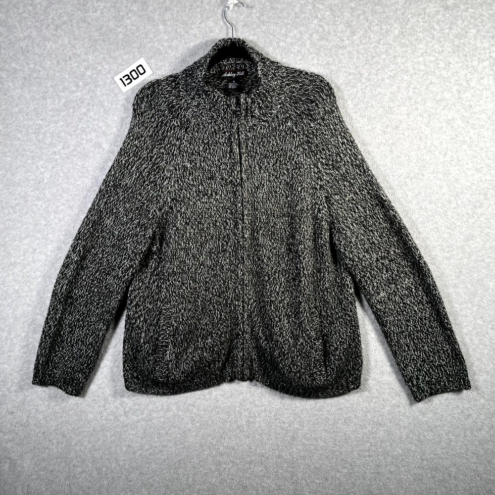 Ashley Hill Cardigan Sweater Womens XL Marled Black Acrylic Full Zip Mock‎ Neck